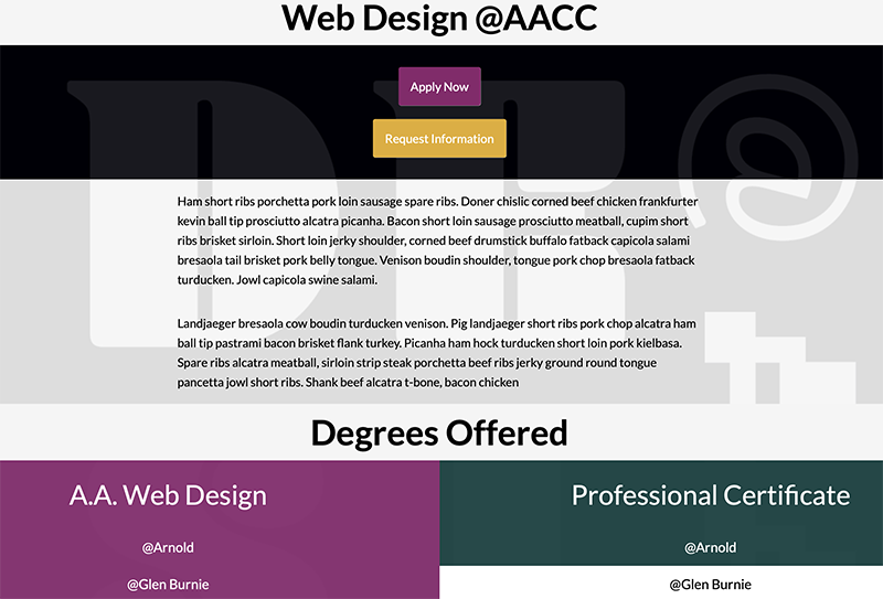 Screenshot of main content page describing the web design program at AACC